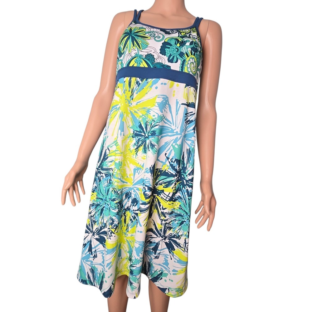 Prana Quinn Dress Large Blue Lime Floral Paisley Criss Cross Back Shelf Bra Yoga